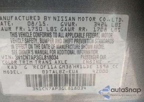 2016 Nissan Versa 1.6 S/1.6 S+/1.6 Sl/1.6 Sv from USA, damaged, VIN 3N1CN7AP3GL818034